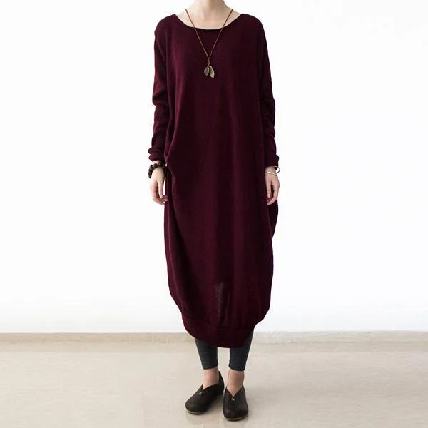 vintage burgundy knit dresses fall fashion o neck pullover women low high design long knit sweaters