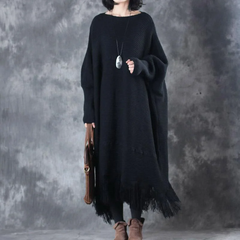 Warm Black Knit Dresses Trendy Plus Size Tassel Sweater Fine O-Neck Pullover