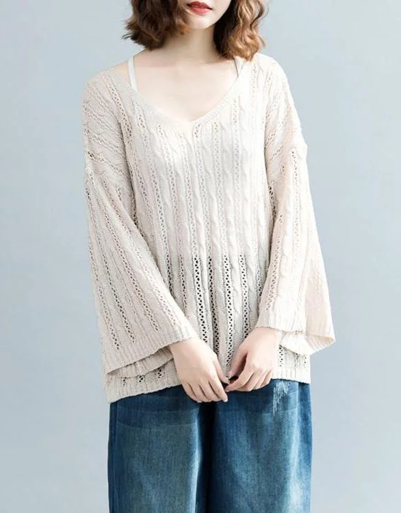 women beige  sweater Loose fitting v neck knitted blouses 2018 hollow out fall blouse