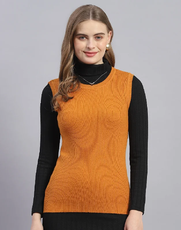 Women Mustard Solid Round Neck Sleeveless Sweater