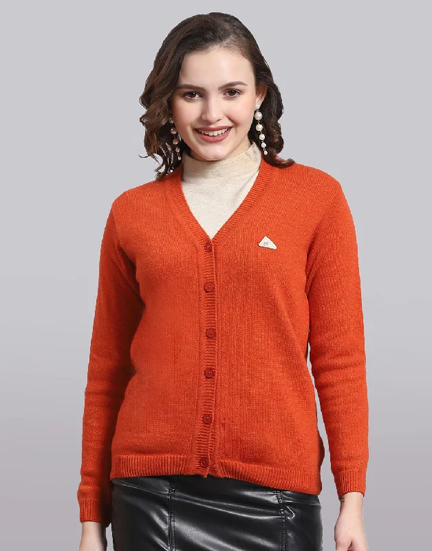 Women Orange Solid V Neck Full Sleeve Sweater