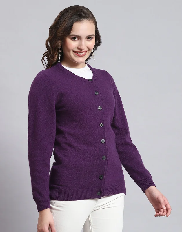 Women Purple Solid Round Neck Full Sleeve Sweater