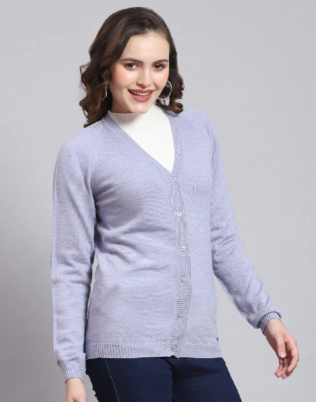 Women Purple Solid V Neck Full Sleeve Sweater