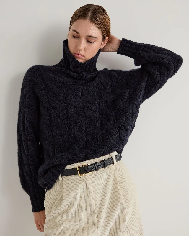 Women's Hana Chunky Cable Turtle Neck Cashmere Sweater Navy Blue