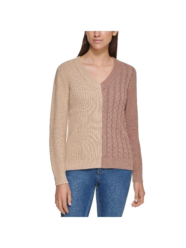 Womens Colorblock Ribbed V-Neck Sweater