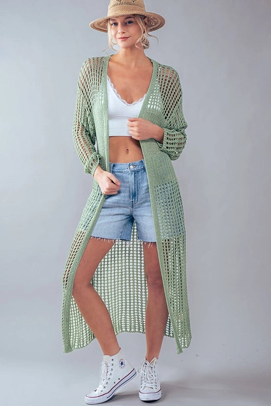 Women's Crochet Lace Long Summer Cardigan in Sage