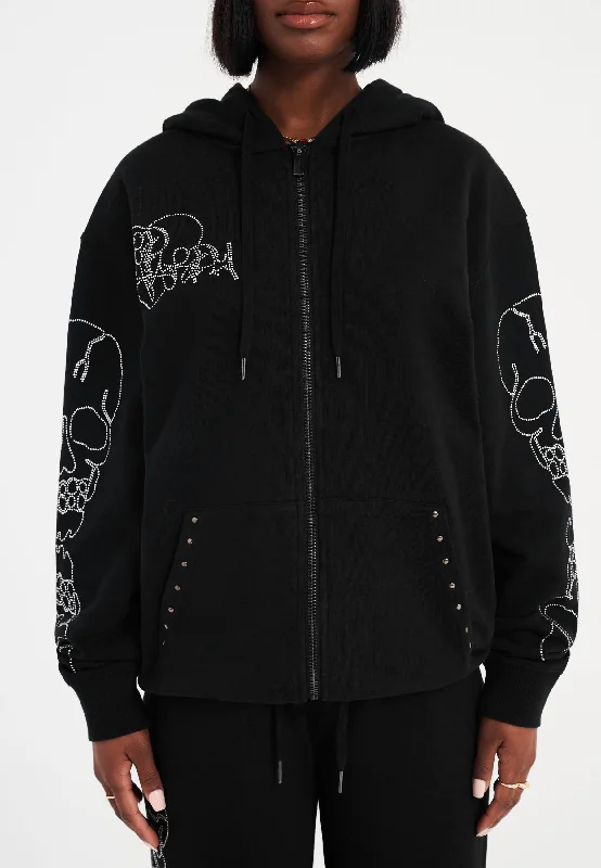 Womens Crystal Skull Relaxed Zip Thru Hoodie - Black