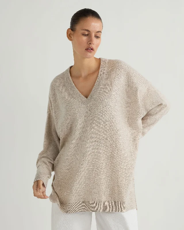 Women's Longline V Neck Cashmere Sweater Sand Brown