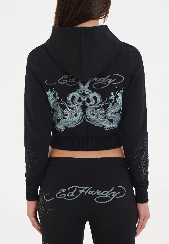 Womens Twisted Dragon Graphic Cropped Zip Thru Hoodie - Black