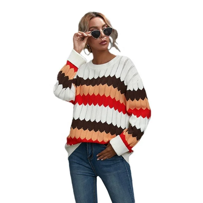 2022 Autumn And Winter New Women's Clothing Color Matching Sweater Wave Striped Pullover