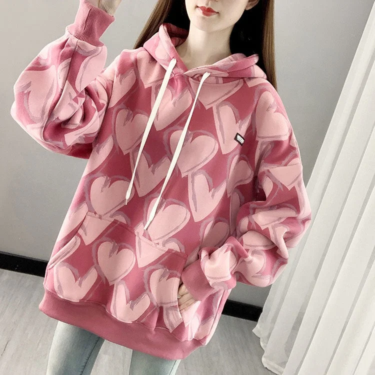 2022 New Fashion Women's Thickened Fleece Long Sleeve Love Casual Pullover Hoodie