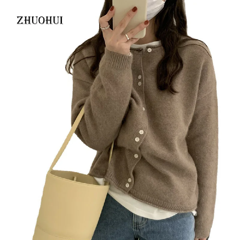 Autumn Casual Lazy Style Round Neck Single Breasted Sweater Coat Blouse Women Plain Loose Cardigan Jacket Ladies