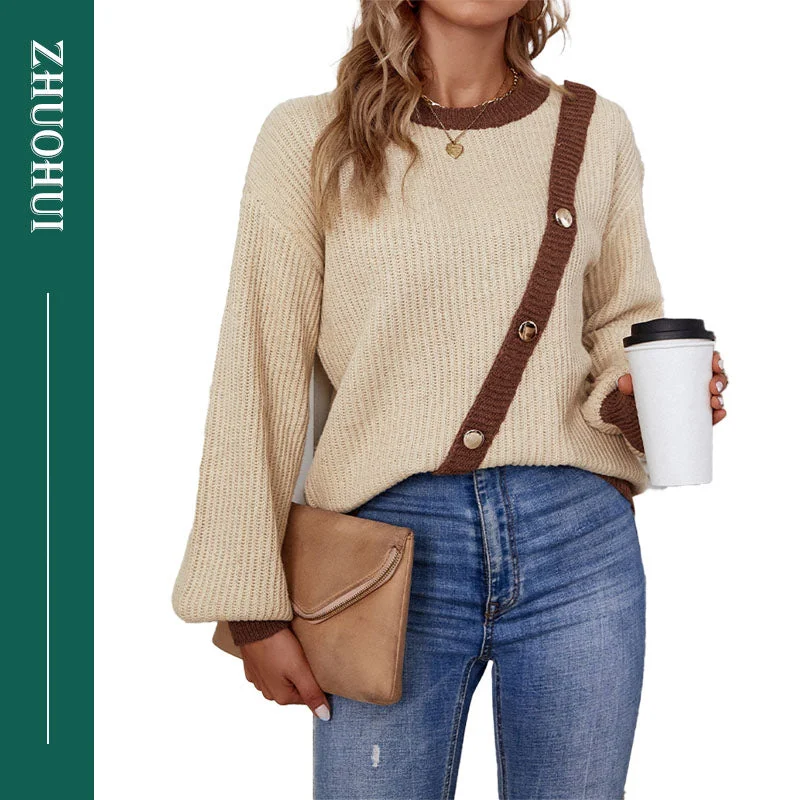 Autumn Vintage O Neck Patchwork Lantern Sleeve Button Trim Loose Pullover Knit Blouse Women Casual Daily Sweater Ladies