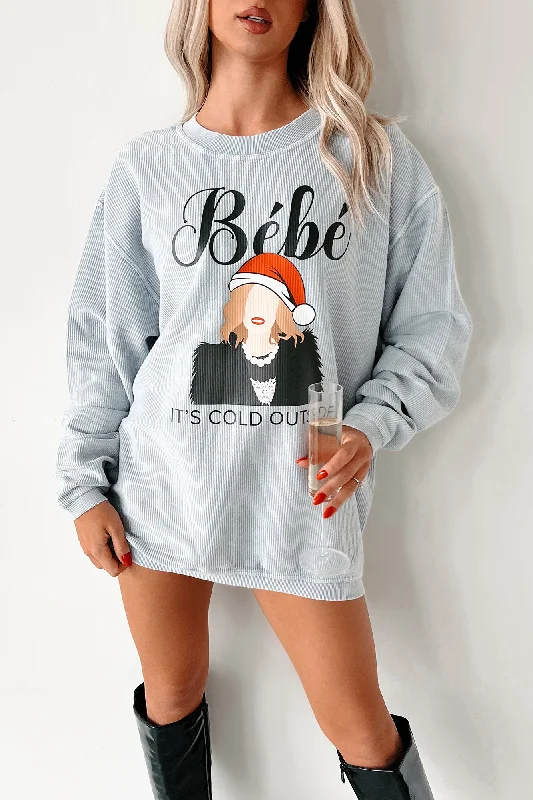 "Bebe It's Cold Outside" Corded Graphic Crewneck (Faded Denim) - Print On Demand