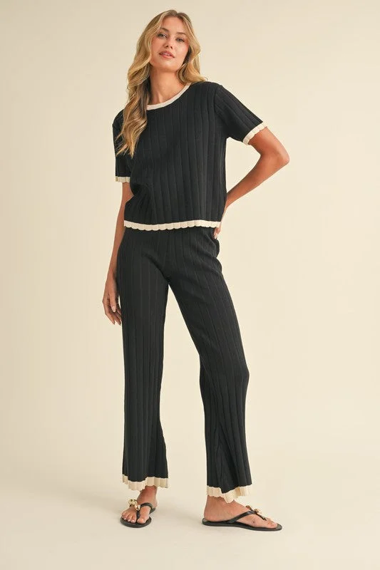 Belle Short Sleeve Ribbed Sweater Top And Pants Set Black