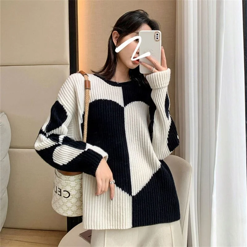 Contrast Color Round Neck Sweater Women's Sense Loose-Fitting Outerwear Top Western Style Love Base Pullover