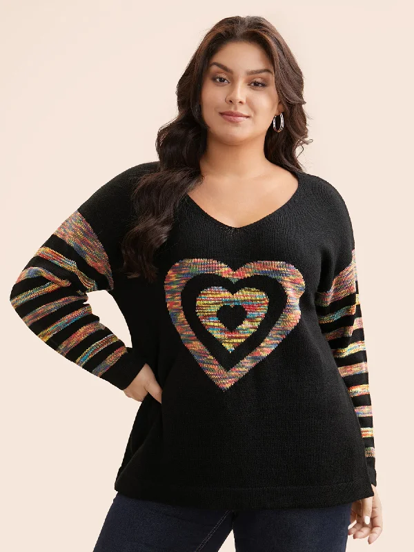 Contrast Heart Jacquard Drop Shoulder Pullover