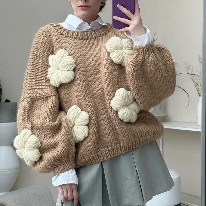 Cute 3D Flower Puff Sleeve Handmade Knit Chunky Yarn Oversized Pullover Sweater