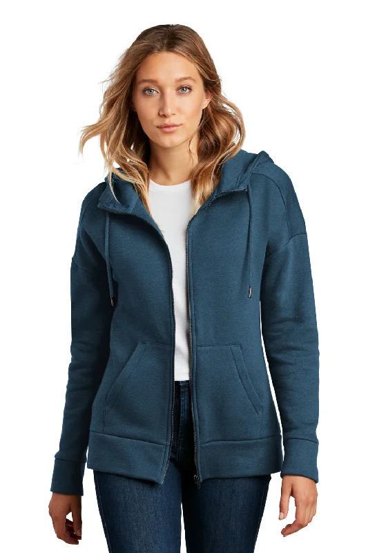 District Womens Perfect Weight Fleece Full Zip Hooded Sweatshirt Hoodie - Heather Poseidon Blue