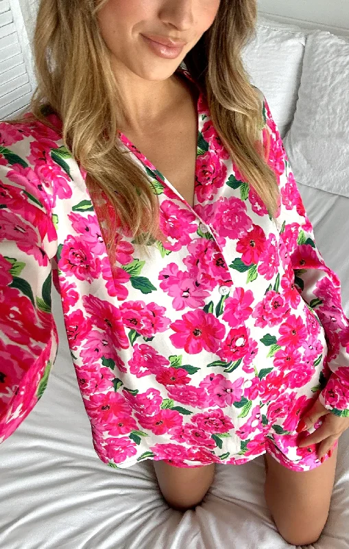 Early Riser PJ Set ~ Pink Floral Soiree Silky