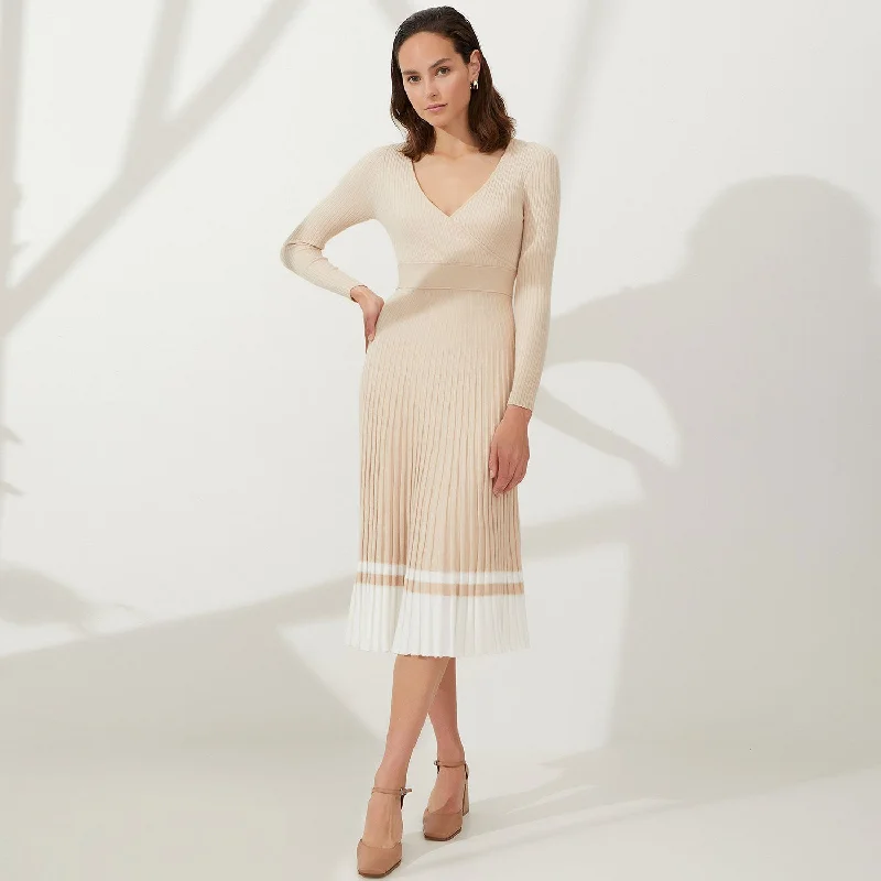 Flirty V Neck Fit and Flare Pleated Contrast Striped Rib Knit Midi Dress