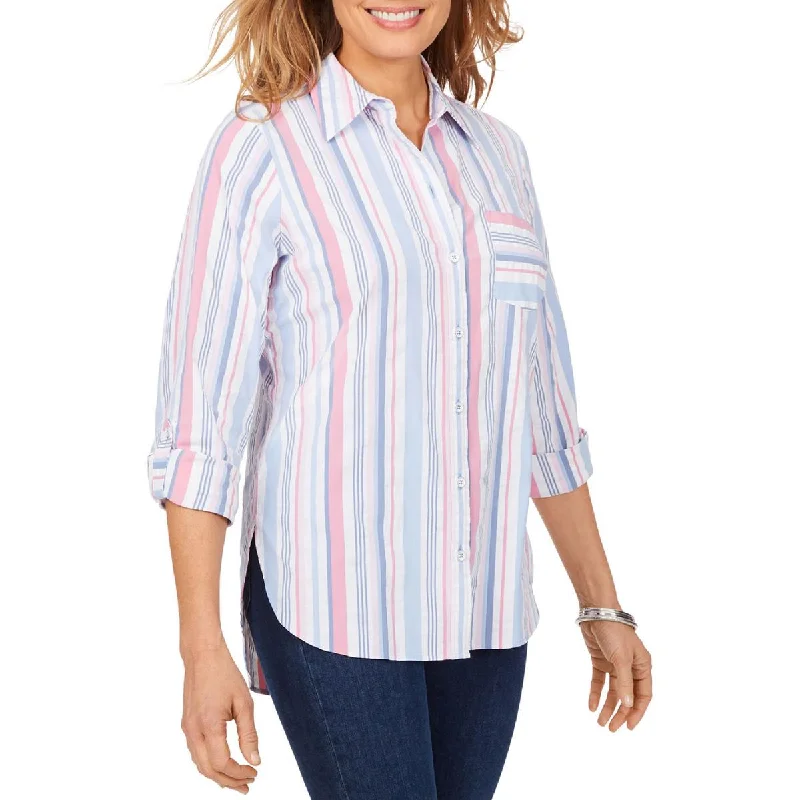 Foxcroft NYC Womens Millie Collared Striped Button-Down Top