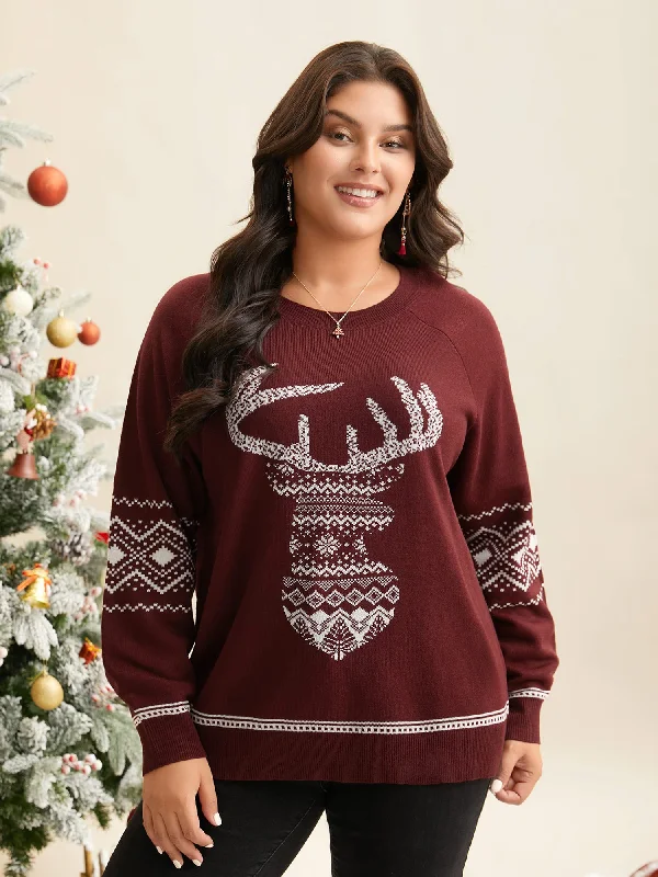 Geo Reindeer Printed Sleeves Straight Fit Pullover