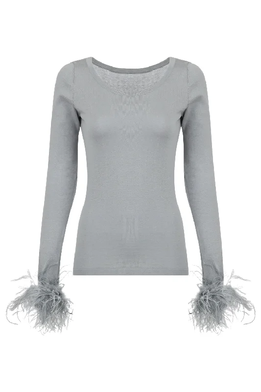 Grey Knit Top With Detachable Feather Cuffs