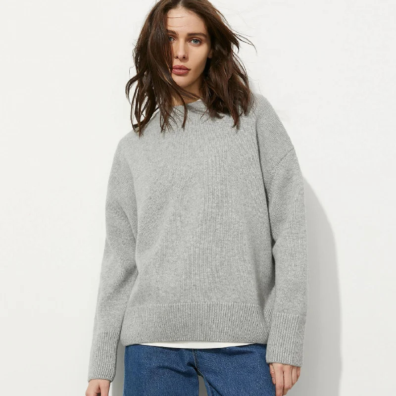 Leisure Monochrome Oversized Round Neck Long Sleeve Drop Shoulder Pullover Sweater