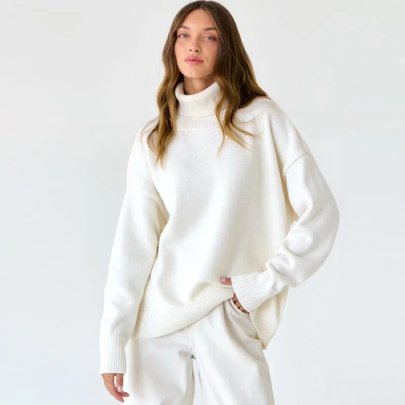 Leisure Turtleneck Long Sleeve Oversized Rib Knit High Low Pullover Sweater