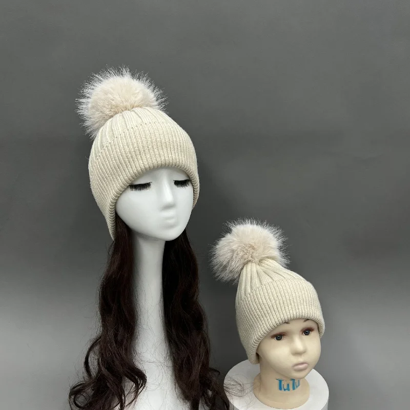 Light Beige Faux Fur Bobble Hat