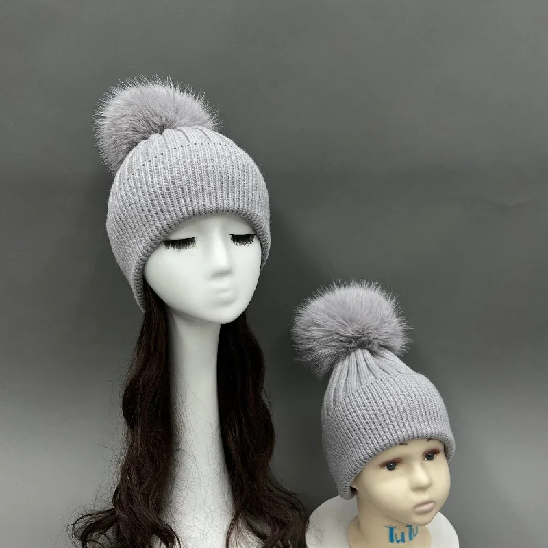 Light Grey Faux Fur Bobble Hat