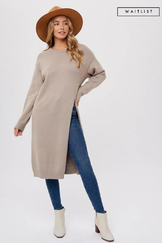 Waitlist 11/27 ♥ Liz Long Sleeve High Slit Long Pullover Sweater Top Taupe