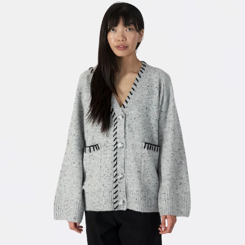 Shyla Long Cardigan with Elbow Heart Patches (Light Grey Fleck)