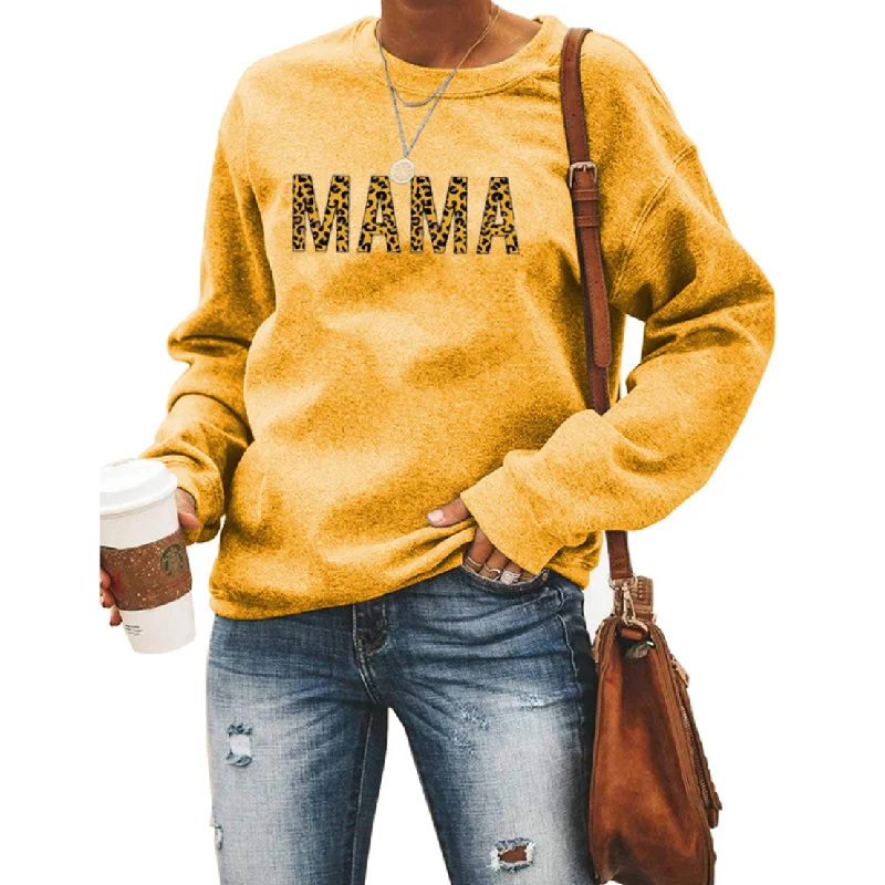 Mama Sweatshirt Women Cute Leopard Funny Letter Print Mom Blouse Tops Casual Long Sleeve Vacation Shirts Tops