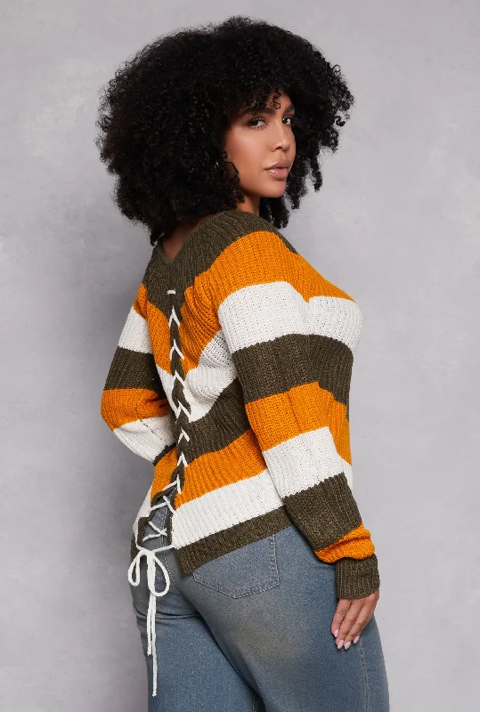 Plus Size Chevron Lace Up Pullover Sweater