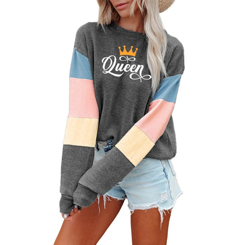 Patchwork Fashion Women Sweatshirt Casual Long Sleeve Pullover Queen Print Crewneck Women logo hoodie  Sweatshirt