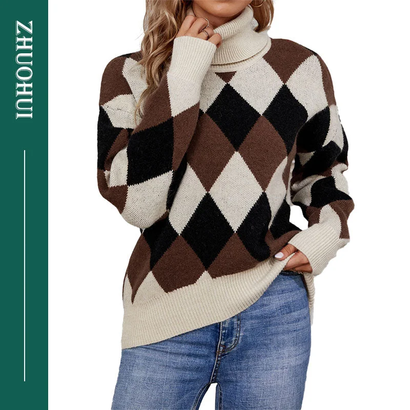 Patchwork Women Pullover Sweater Autumn Loose Turtleneck Long Sleeve Knitted Thick Female Jumper Sweater Top