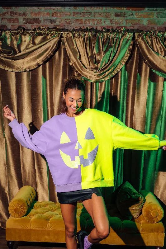 Purple & Neon Green Split Pumpkin Face Sweatshirt