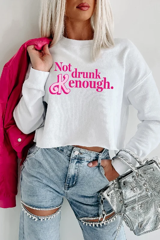 "Not Drunk Kenough" Raw Hem Crop Graphic Crewneck (White) - Print On Demand