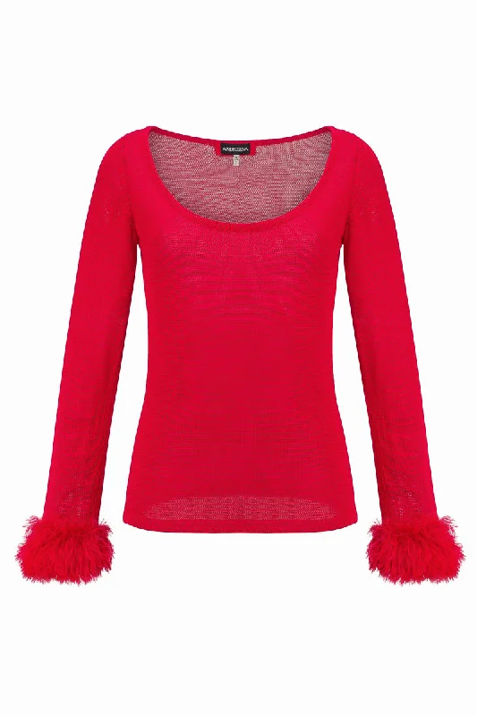 Red Knit Top With Handmade Knit Cuffs