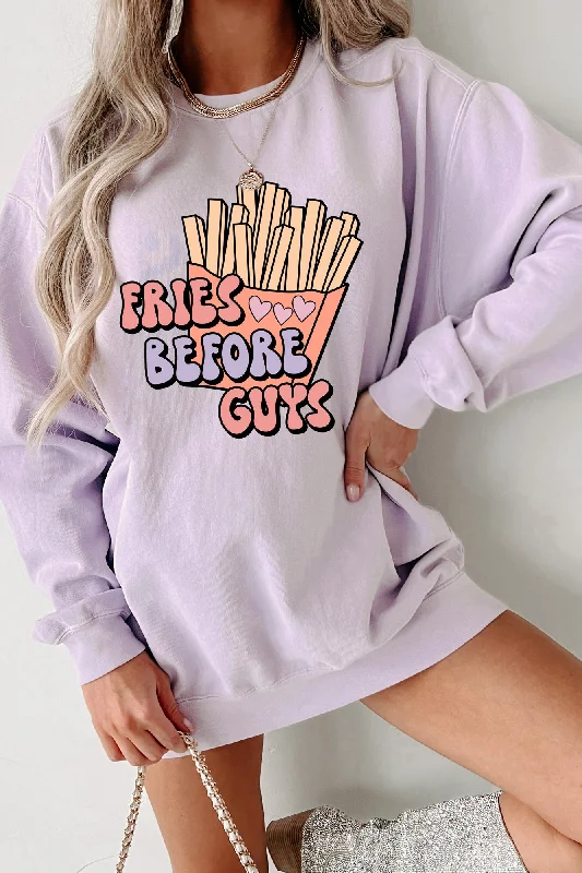 Retro "Fries Before Guys" Graphic Crewneck (Orchid) - Print On Demand