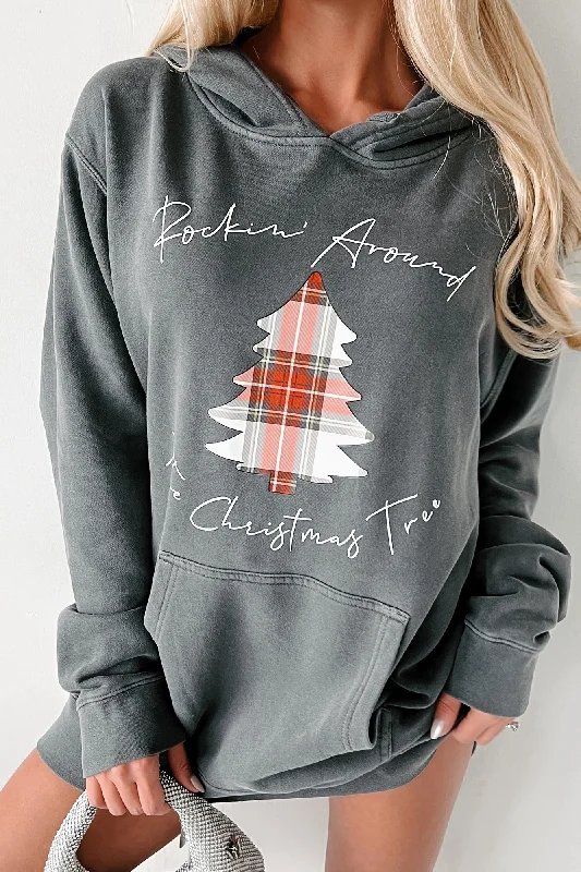 "Rockin' Around The Christmas Tree" Vintage Wash Graphic Hoodie (Black) - Print On Demand