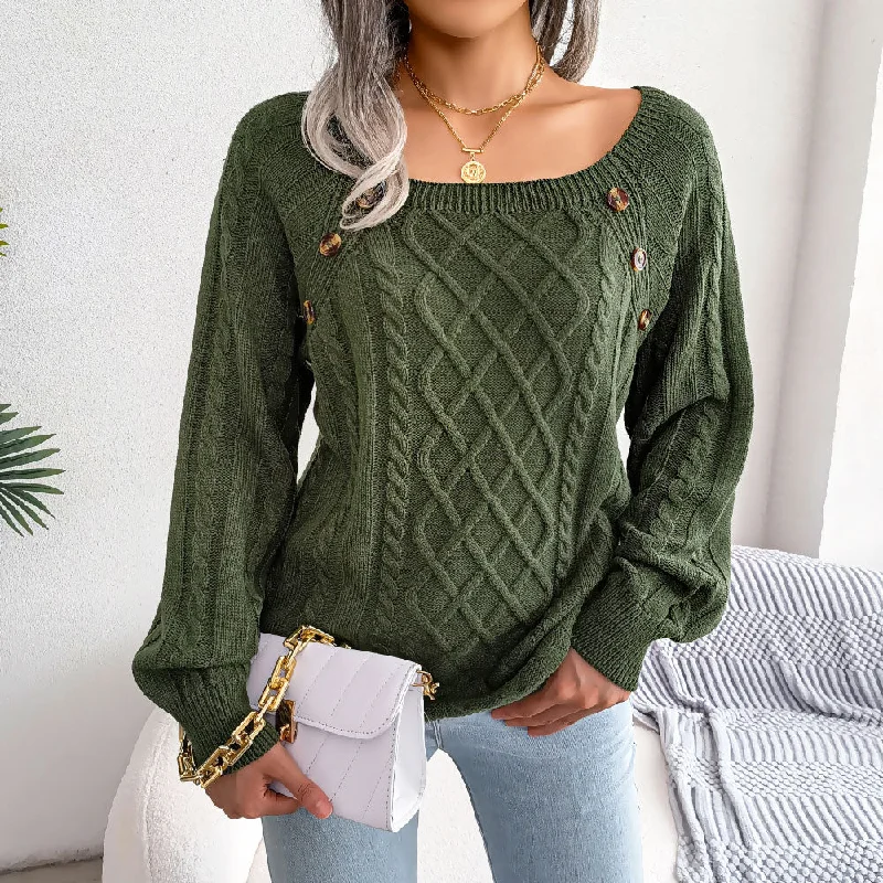 Sassy Button Detail Balloon Sleeve Pullover Fisherman Sweater