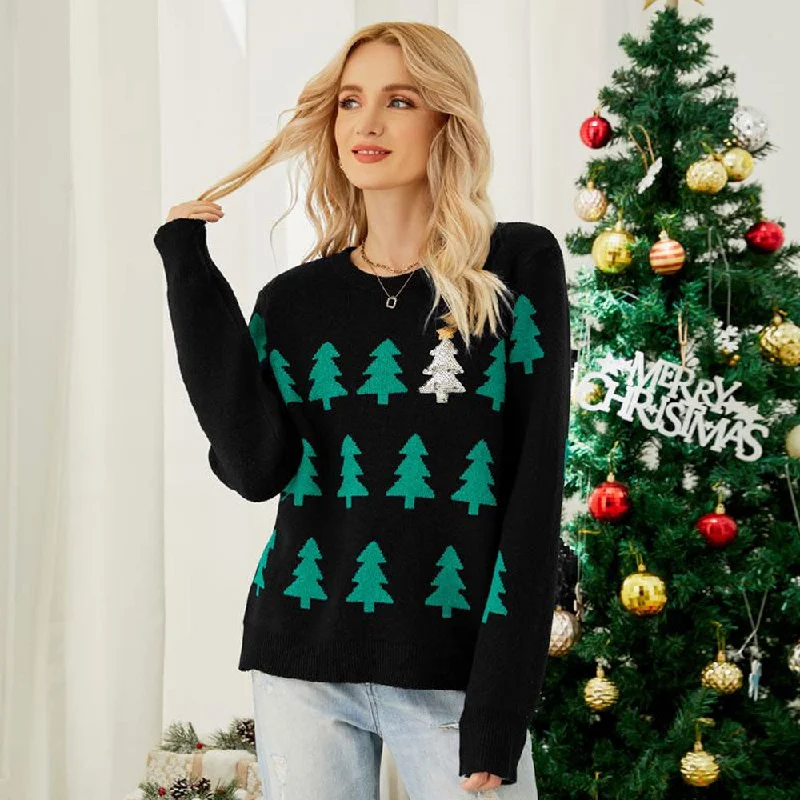 Sparkly Sequin Christmas Tree Print Pullover Holiday Sweater