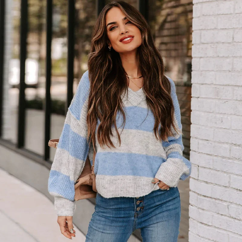 Sweet Oversized Striped V Neck Inside Out Pullover Knit Sweater