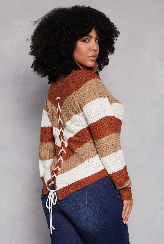 Plus Size Chevron Lace Up Pullover Sweater