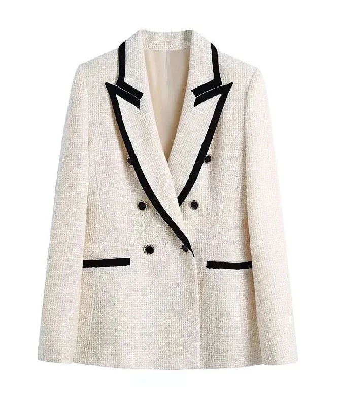 Tweed Long Lapel Knitted Blazer with Contrast Edges