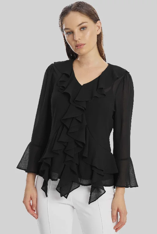 V-neck Chiffon Ruffle Blouse In Black