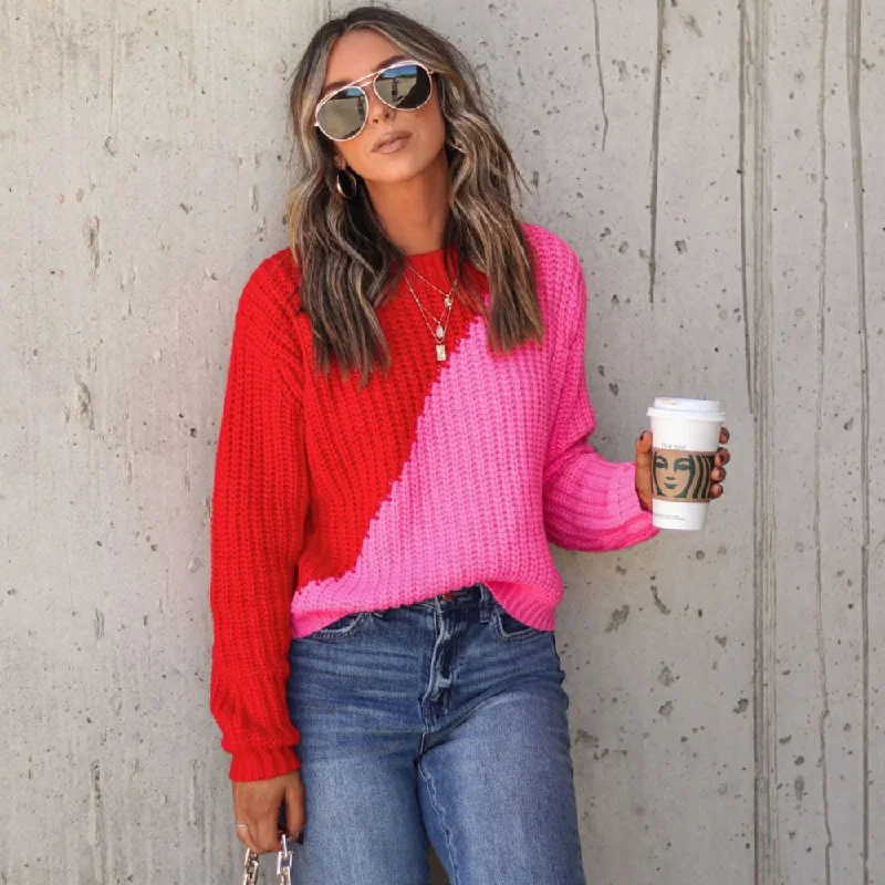 Vibrant Red Color Block Crew Neck Long Sleeve Pullover Knit Sweater